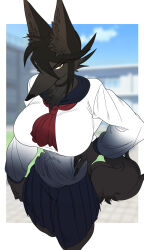  absurd_res anthro asian_clothing big_breasts biped black_body black_fur black_hair bottomwear breasts canid canine canis chest_tuft choker clothed clothing east_asian_clothing female fully_clothed fur hair hi_res high-angle_view japanese_clothing japanese_school_uniform jewelry looking_at_viewer mammal necklace quququl school_uniform serafuku skirt solo topwear tuft uniform wolf yellow_eyes 