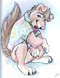  aloha_shirt anthro black_claws black_eyebrows black_nose black_pawpads blue_background bottomless brown_hair button_ears canid canine canis claws clothed clothing collared_shirt colored_pencil_(artwork) domestic_dog eyebrows featureless_crotch finger_claws floppy_ears floral_shirt full-length_portrait hair herbie_bearclaw hindpaw kuddlepup looking_at_viewer male mammal pattern_clothing pattern_shirt pattern_topwear pawpads paws portrait shaded shirt signature simple_background sitting sitting_on_ground smile smiling_at_viewer snout solo tail toe_claws topwear traditional_media_(artwork) 