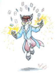  2002 anthro black_body black_fur blue_clothing blue_coat blue_topwear bottomless brown_hair canid canine card clothed clothing coat colored_pencil_(artwork) featureless_crotch floating fox full-length_portrait fur hair herbie_bearclaw inner_ear_fluff levitating magician male mammal playing_card portrait red_body red_fox red_fur shaded signature simple_background smile smirk solo spats topwear traditional_media_(artwork) true_fox tuft white_background white_body white_fur white_inner_ear_fluff 