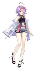  absurdres ahoge belt benghuai_xueyuan black_shirt casual denim denim_shorts eyewear_on_head female flip-flops full_body grin hair_over_one_eye highres honkai_(series) jacket looking_at_viewer multicolored_hair navel pink_hair purple_hair purple_jacket sandals see-through see-through_jacket sharp_teeth shirt short_hair shorts simple_background sin_mal sin_mal0909 sleeveless sleeveless_shirt smile solo teeth thigh_strap toes two-tone_hair white_background yellow_background 