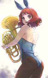  animal_ears ass bikini black_pantyhose blue_leotard brown_eyes brown_hair bunny_day detached_collar euphonium female from_behind happy_birthday hibike!_euphonium instrument leotard looking_at_viewer oumae_kumiko pantyhose playboy_bunny rabbit_ears rabbit_tail short_hair side-tie_bikini_bottom solo swimsuit tail tono51044448 wrist_cuffs 