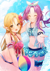  2girls :d absurdres arm_garter arm_strap artist_name asuna_(sao) ball beachball bikini blue_bikini blue_sky blush bow bow_bikini breasts bridal_garter brown_eyes checkered_bikini checkered_clothes closed_eyes cloud cloudy_sky collarbone commentary_request cowboy_shot day elf facing_another forehead frilled_bikini frills grin hair_ornament headband highres holding holding_ball holding_beachball light_brown_hair long_hair long_pointy_ears looking_at_viewer medium_breasts medium_hair multiple_girls navel open_mouth outdoors plaid_bikini plaid_clothes pointy_ears purple_hair red_bikini red_bow sky small_breasts smile stomach swimsuit sword_art_online titania_(sao) twitter_username wading white_headband yuuka0922 yuuki_(sao) 