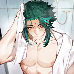  1boy abs aqua_hair black_hair closed_mouth eriimyon facial_mark forehead_mark genshin_impact green_hair highres male_focus multicolored_hair muscular muscular_male nipples solo topless_male towel towel_around_neck xiao_(genshin_impact) yellow_eyes 