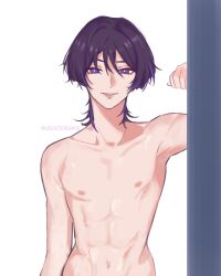  1boy absurdres black_hair genshin_impact hair_between_eyes highres looking_at_viewer male_focus multicolored_hair navel nipples purple_eyes purple_hair scaramouche_(genshin_impact) short_hair smile solo stomach topless_male uenodraws white_background 