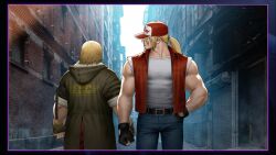  2boys absurdres alley baseball_cap blonde_hair cowboy_shot denim fatal_fury fingerless_gloves gloves hat highres jeans ken_masters male_focus mori_toshiaki multiple_boys muscular muscular_male official_art pants second-party_source street_fighter street_fighter_6 terry_bogard trait_connection 