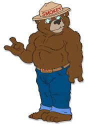  anthro barefoot bear belt black_nose blue_bottomwear blue_clothing blue_jeans blue_pants blue_sclera bottomwear brown_belt brown_eyes brucebadger character_name clothed clothing denim denim_bottomwear denim_clothing feet hi_res jeans male mammal musclegut muscular muscular_male pants red_text simple_background smile smokey_bear solo text topless topless_male united_states_forest_service white_background 