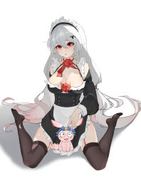  absurdres alternate_costume apron bat_hair_ornament black_dress black_thighhighs breasts cleavage commentary commentary_request detached_sleeves dress female flower full_body garter_straps hair_between_eyes hair_ornament highres homi_(honkai_impact) honkai_(series) honkai_impact_3rd large_breasts long_hair long_sleeves maid_apron maid_headdress no_shoes red_eyes red_flower red_rose rose seiza sitting soles solo theresa_apocalypse theresa_apocalypse_(luna_kindred) theresa_apocalypse_(lunar_vow:_crimson_love) thighhighs thighs very_long_hair white_apron white_background yuan_zhen 