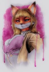  absurd_res akai_hime_(wild_assault) anthro big_breasts breasts buxom canid canine cleavage clothed clothed_anthro clothed_female clothing collar crop_top female fox hair heart_clothing heart_symbol heterochromia hi_res jacket jacket_vest looking_at_viewer louis_wood mammal midriff shirt solo topwear traditional_media_(artwork) vest watercolor_(artwork) wild_assault 