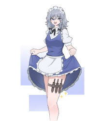  absurdres apron black_bow black_ribbon blue_dress blue_eyes bow braided_sidelock clothes_lift commentary dress english_commentary female frilled_apron frilled_dress frilled_headwear frills garter_belt grey_hair hairband hairbow highres izayoi_sakuya knife_sheath looking_at_viewer maid maid_apron maid_headdress mata_(matasoup) medium_hair neck_ribbon open_mouth puffy_short_sleeves puffy_sleeves ribbon sheath sheathed short_sleeves skirt skirt_lift solo sparkle thigh_peek touhou white_hairband 