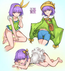  absurdres bare_shoulders barefoot blue_shorts blush breasts dress fate/grand_order fate_(series) female green_one-piece_swimsuit green_shirt grin hair_ribbon hairband hat highres kazuradrop_(fate) long_sleeves looking_at_viewer lying multiple_views one-piece_swimsuit open_mouth purple_eyes purple_hair radishkek ribbon shirt short_dress short_hair shorts small_breasts smile swimsuit thighs tongue tongue_out white_dress wide_sleeves yellow_hairband yellow_hat yellow_ribbon 