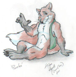  2001 anthro black_nose black_pawpads black_snout bottomless canid canine character_name clothed clothing colored_pencil_(artwork) digitigrade fox full-length_portrait fur gesture grey_body grey_fur herbie_bearclaw hindpaw looking_at_viewer male mammal navel open_clothing open_topwear open_vest orange_body orange_fur pawpads paws portrait red_fox shaded signature simple_background sitting sitting_on_ground smile smiling_at_viewer snout solo tail topwear topwear_only traditional_media_(artwork) true_fox vest vest_only waving whiskers white_background white_body white_fur 