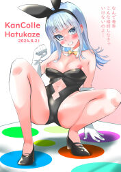  absurdres animal_ears bare_legs black_footwear black_leotard blue_eyes blue_hair bow bowtie breasts cleavage clenched_teeth clothing_cutout commentary_request dated detached_collar female gloves hatsukaze_(kancolle) highres kantai_collection leotard long_hair looking_at_viewer medium_breasts navel_cutout playboy_bunny rabbit_ears solo squatting strapless strapless_leotard teeth translation_request twister white_gloves yellow_bow yellow_bowtie yoshiki_(bpmaxm) 