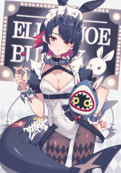  bangboo_(zenless_zone_zero) black_hair breasts candy cleavage colored_inner_hair ellen_joe female fins fish_tail food highres holding holding_candy holding_food holding_lollipop leotard lollipop looking_at_viewer maid maid_headdress medium_breasts miri_(cherryjelly) mole mole_under_eye multicolored_hair pantyhose red_eyes red_hair red_nails shark_girl shark_tail sharkboo_(zenless_zone_zero) short_hair skinny solo strapless strapless_leotard tail two-tone_hair unconventional_maid white_leotard zenless_zone_zero 