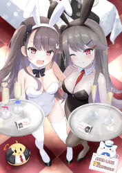  2girls :d absurdres alternate_breast_size animal_ears anniversary arm_around_back azur_lane bare_shoulders between_breasts black_bow black_bowtie black_leotard blush bow bowtie breasts brown_hair bunny_day checkered_floor cleavage commentary_request covered_navel cup detached_sleeves drinking_glass english_text fishnet_pantyhose fishnets flower full_body groin hair_ornament hairbow hairclip hand_on_another&#039;s_back happy high_heels highres hip_focus holding holding_tray hug leotard medium_breasts multiple_girls necktie necktie_between_breasts oerba_yun_fang paashe pale_skin pamiat_merkuria_(azur_lane) pamiat_merkuria_(meta)_(azur_lane) pantyhose pink_eyes playboy_bunny rabbit_ears rabbit_hair_ornament red_necktie side_ponytail skin_tight skindentation smile standing standing_on_one_leg strapless strapless_leotard thighhighs tray white_leotard 