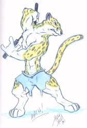  2001 abs anthro biceps black_nose blue_bottomwear blue_clothing blue_shorts bottomwear cheetah clenched_teeth clothed clothing colored_pencil_(artwork) cutoffs denim denim_bottomwear denim_clothing digitigrade felid feline full-length_portrait fur herbie_bearclaw hindpaw holding_melee_weapon holding_nunchaku holding_object holding_weapon male mammal markings melee_weapon muscular muscular_anthro muscular_male narrowed_eyes nunchaku paws pecs portrait raised_tail shaded shorts shorts_only signature simple_background snout solo spots spotted_body spotted_fur standing tail teeth thigh_muscles topless traditional_media_(artwork) weapon whiskers white_background white_body white_fur yellow_body yellow_fur 