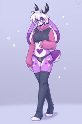  2024 antlers clothing cropped_hoodie eyewear female fleurfurr fur glasses hair hi_res horn jackalope lagomorph legwear mammal meme meme_clothing midriff paggi_outfit pink_ears purple_body purple_ears purple_fur solo thigh_highs toeless_legwear white_body white_fur white_hair 