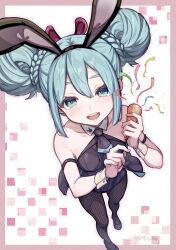  alternate_costume animal_ears aqua_eyes aqua_hair ascot bare_shoulders braid collar collarbone commentary double_bun fake_animal_ears female fishnet_pantyhose fishnets from_above full_body hair_bun hatsune_miku highres leotard looking_at_viewer open_mouth pantyhose party_popper playboy_bunny rabbit_ears sidelocks signature smile solo standing streamers teeth upper_teeth_only vocaloid wrist_cuffs yuri_yone 