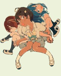  3girls :d ahoge black_socks blue_eyes blue_hair blue_socks blush bow brown_hair collarbone collared_shirt dark_skin doyoufeellucky eating flower_hairpin food-themed_hair_ornament from_above from_below fruit_hair_ornament green_bow grey_skirt hair_ornament hairpin highres holding_hands komari_chika lemon_hair_ornament looking_at_viewer make_heroine_ga_oo_sugiru! medium_hair multiple_girls open_mouth pleated_skirt red_hair school_uniform shirt short_hair side_ponytail simple_background sitting skirt smile socks summer_uniform thighs white_footwear white_shirt white_socks yakishio_remon yanami_anna yellow_bow yellow_eyes 