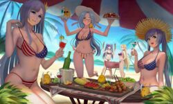  5girls absurdres alternate_costume american_flag american_flag_bikini american_flag_print artist_name azur_lane beach beach_umbrella bikini blonde_hair blue_eyes blue_hair blue_sky breasts bunker_hill_(azur_lane) c.h.a cocktail_glass cooking cup day drinking_glass essex_(azur_lane) flag_print food fork fruit grilling hair_ornament hat highres holding holding_tray ice_bucket intrepid_(azur_lane) kebab knife large_breasts leg_up long_hair looking_at_viewer manjuu_(azur_lane) melon melon_slice multiple_girls open_mouth outdoors palm_tree print_bikini purple_hair sand semi-rimless_eyewear shangri-la_(azur_lane) side-tie_bikini_bottom sitting sky smile straw_hat string_bikini summer sun_hat swimsuit teeth ticonderoga_(azur_lane) tray tree twintails two-tone_umbrella umbrella very_long_hair white_headwear yellow_eyes 