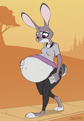  2023 anthro barefoot belly big_belly bottomwear claws clothed clothing convexpert disney ears_up electronics feet female frown fur hand_on_belly headphones hi_res hyper hyper_pregnancy judy_hopps lagomorph leporid looking_down mammal music_player navel outie_navel outside pants paws pregnant pregnant_anthro pregnant_female rabbit raised_clothing raised_shirt raised_topwear shirt signature solo topwear walking wide_eyed worried zootopia 