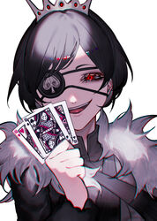  absurdres black_clover black_hair blurry breasts brown_vest capelet card chest_harness chromatic_aberration depth_of_field eyepatch female frit_2 fur_capelet fur_trim gem grin hand_up harness high_collar highres holding holding_card insignia jacket long_bangs long_eyelashes looking_at_viewer mandarin_collar narrowed_eyes one_eye_covered open_clothes open_jacket open_mouth parted_bangs playing_card queen_(playing_card) queen_of_clubs queen_of_hearts_(playing_card) queen_of_spades red_eyes red_gemstone short_hair simple_background smile soft_focus solo spade_(shape) spotlight teeth tiara tongue tongue_out upper_body upper_teeth_only vanica_zogratis vest 