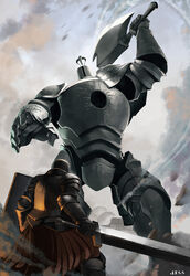  1boy arm_up armor artist_name axe battle breastplate commentary dark_souls_(series) dark_souls_i debris dust english_commentary facing_another feet_out_of_frame fighting_stance from_behind full_armor gauntlets golem greatsword greaves helmet highres holding holding_axe holding_shield holding_sword holding_weapon iron_golem_(dark_souls) iron_tarkus knight less male_focus outdoors pauldrons shield shoulder_armor size_difference standing sword weapon 