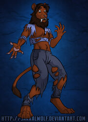  after_transformation anthro blue_background bottomwear brown_body brown_fur brown_hair brown_mane claws clothing digitigrade extinct fangs felid fur green_eyes hair hi_res jakkal lion looking_at_self male mammal mane mane_hair open_mouth pantherine pants pawpads paws prehistoric_species ripping saber-toothed_tiger shirt shocked simple_background solo species_transformation surprise tail tail_tuft teeth topwear torn_clothing transformation tuft 