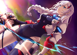  absurdres aya_(0707) blue_eyes braid braided_ponytail breasts cloud cloudy_sky female gun hair_between_eyes hair_ornament handgun highres holding holding_gun holding_weapon honkai_(series) honkai_impact_3rd kallen_kaslana kallen_kaslana_(ritual_imayoh) long_hair looking_at_viewer sky solo sunset thighs weapon white_hair 