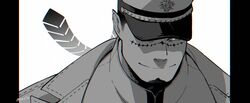  1boy evil_smile facial_hair goatee greyscale hat jacket jacket_on_shoulders kan_(pyy_c12) male_focus military military_hat military_uniform monochrome peaked_cap scar scar_on_face scar_on_nose short_hair sideburns smile solo tokyo_afterschool_summoners undercut uniform upper_body yoritomo_(housamo) 