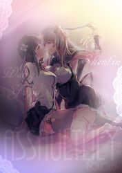  2girls arm_up armpits arms_behind_back assault_lily black_hair black_legwear border bow breast_press breasts brown_hair cape character_name chinese_clothes cleavage closed_mouth copyright_name dress flower hair_flower hair_ornament hair_ribbon hairbow highres kuo_shenlin lace lace_border legs long_hair looking_at_another matsukura_nemu medium_breasts miniskirt multiple_girls open_mouth ornate_border ribbon short_dress skirt thighhighs thighs wang_yujia watermark white_legwear yuri 