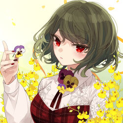  black_nails blush breasts collaboration commentary_request daimaou_ruaeru dress expressionless female flower flower_brooch green_hair hand_up highres holding holding_flower kazami_yuuka large_breasts long_sleeves looking_at_viewer nail_art nail_polish oncidium orchid pansy plaid plaid_dress purple_flower purple_pansy red_dress red_eyes red_nails shirt short_hair solo strapless strapless_dress touhou toutenkou upper_body white_shirt yellow_flower yellow_pansy 