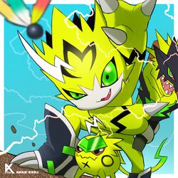  1:1 anthro bandai_namco boots bulkmon claws clothing digimon digimon_(species) electricity evolutionary_family footwear gloves green_eyes group handwear kasuga_dn lightning pulsemon solo yellow_body 