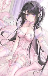  bandaged_arm bandaged_hand bandages bandaid bandaid_on_arm bandaid_on_breast between_legs black_hair blush breasts choker cleavage curtains dress female frilled_choker frilled_dress frilled_pillow frilled_thighhighs frills garter_straps hair_ornament hair_ribbon hand_between_legs highres indoors long_hair looking_at_viewer medium_breasts no_shoes on_bed original pillow pink_choker pink_dress pink_lips puffy_short_sleeves puffy_sleeves purple_eyes purple_ribbon ribbon short_sleeves sitting solo thighhighs two_side_up unxi very_long_hair violeta_(unxi) wariza x_hair_ornament 