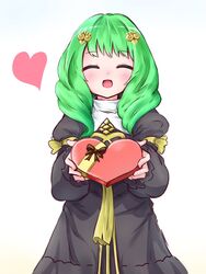  bow box closed_eyes commentary_request female fire_emblem fire_emblem:_three_houses flayn_(fire_emblem) garreg_mach_monastery_uniform gift gift_box green_hair hair_ornament heart highres holding incoming_gift lillian8710 long_hair long_sleeves open_mouth simple_background solo uniform upper_body valentine white_background 