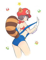  1-up_mushroom 1up animal_ears blue_eyes brown_hair commentary egg english_commentary female fire_flower genderswap_(mtf) hat looking_back mario mario_(series) mushroom raccoon_ears raccoon_tail red_hat rule_63 short_hair solo super_leaf_(transformation) super_mushroom super_star_(mario) tail white_background yoshi_egg yui35 