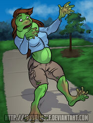  3:4 amber_eyes amphibian bottomwear brown_hair clothing feet female frog green_body green_skin hair hi_res human_to_anthro jakkal lilly_(noahrollins) long_hair membrane_(anatomy) open_mouth park ripping shirt shocked shorts solo species_transformation surprise toes topwear torn_clothing transformation webbed_feet webbed_hands 