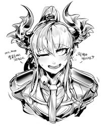  1boy bad_id bad_pixiv_id demon_boy demon_horns doppel_(bonnypir) greyscale highres horns korean_text long_hair looking_at_viewer male_focus monochrome necktie one_eye_closed open_mouth original ponytail ruby_(nox) sidelocks simple_background smile sweat translation_request 