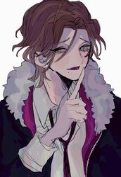  1boy bad_id bad_twitter_id brown_hair clmooy diabolik_lovers earclip finger_to_mouth fur-trimmed_jacket fur_trim green_eyes hair_between_eyes highres index_finger_raised jacket looking_at_viewer male_focus md5_mismatch necktie oerba_yun_fang open_mouth purple_jacket purple_necktie rejet sakami_raito shirt short_hair shushing simple_background solo upper_body white_background white_shirt 