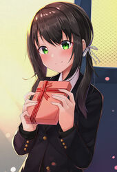  absurdres black_hair black_jacket blush box commentary_request female gift gift_box green_eyes hair_ribbon highres holding holding_gift jacket long_hair low_twintails namikawa_kuroha original ribbon school_uniform smile solo takamine_miyu_(namikawa_kuroha) twintails uniform upper_body white_ribbon 