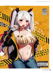  absurdres alternate_costume azur_lane bandaged_arm bandages bikini bikini_under_clothes black_bikini breasts bright_pupils candy contrapposto cowboy_shot crop_top crop_top_overhang denim female food highleg highleg_bikini highres jacket jeans komi_(komiking) large_breasts lollipop long_hair looking_at_viewer midriff multicolored_hair nail_polish navel non-web_source off_shoulder open_clothes open_fly open_jacket open_pants page_number pants parental_advisory photoshop_(medium) prinz_eugen_(azur_lane) red_eyes scan see-through side-tie_bikini_bottom solo stomach streaked_hair string_bikini sweat swimsuit two_side_up underboob white_hair 