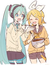  2girls ahoge aqua_eyes aqua_hair black_legwear black_sailor_collar black_shorts black_skirt blonde_hair blue_necktie bow bowl cardigan chocolate chocolate_making closed_eyes commentary cooking cowboy_shot feeding grey_shirt hair_ornament hairbow hairclip hatsune_miku headphones highres holding holding_bowl holding_spoon kagamine_rin long_hair long_sleeves m0ti mixing mixing_bowl multiple_girls neckerchief necktie oerba_yun_fang open_mouth orange_neckerchief sailor_collar shirt short_hair short_shorts shorts skirt spoon standing swept_bangs thighhighs twintails very_long_hair vocaloid white_background white_bow zettai_ryouiki 