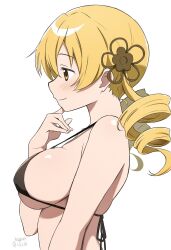  bikini black_bikini blonde_hair blush breasts drill_hair female from_side hair_ornament hairclip hand_on_own_chin highres large_breasts light_smile long_hair looking_ahead mahou_shoujo_madoka_magica nagare_(flow) simple_background solo strap_gap swimsuit tomoe_mami twin_drills twitter_username white_background yellow_eyes 