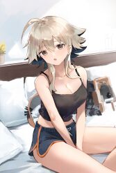  :o absurdres ahoge arknights bare_shoulders black_camisole blue_hair blue_shorts brown_hair camisole colored_inner_hair commentary_request ema_(kuguiema) female grey_eyes highres indoors looking_at_viewer mayer_(arknights) meeboo_(arknights) midriff multicolored_hair on_bed open_mouth pillow plant potted_plant short_hair_with_long_locks shorts sleeveless solo spaghetti_strap v_arms 