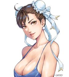  ahoge artist_name breasts brown_eyes brown_hair bun_cover chun-li collarbone commentary female highres large_breasts lightsosis looking_at_viewer pink_lips ribbon simple_background smile solo street_fighter twitter_username white_background white_ribbon 