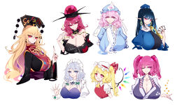  6+girls ability_card_(touhou) ascot bare_shoulders belt black_choker black_dress black_hair black_hat black_nails black_ribbon black_shirt blonde_hair blue_dress blue_eyes blue_gemstone blue_hair blue_hat blue_kimono bow braid breasts buttons card chains chinese_clothes choker cleavage closed_mouth clothes_writing coin collarbone collared_shirt colored_inner_hair crescent crescent_hat_ornament crystal dalachi_(headdress) dress earrings fingernails flandre_scarlet frills gem gold_chain gold_coin green_bow grey_hair hair_between_eyes hair_bobbles hair_ornament hairbow hand_up hat hat_ornament hat_ribbon heart heart_print hecatia_lapislazuli highres holding holding_card iizunamaru_megumu index_finger_raised izayoi_sakuya japanese_clothes jewelry juliet_sleeves junko_(touhou) kimono large_breasts long_fingernails long_hair long_sleeves looking_at_viewer maid maid_headdress mob_cap multicolored_hair multicolored_wings multiple_girls nail_polish neck_ribbon oerba_yun_fang off-shoulder_shirt off_shoulder one_eye_closed one_side_up onozuka_komachi open_mouth orange_hair pink_eyes pink_hair pointy_ears pom_pom_(clothes) puffy_short_sleeves puffy_sleeves purple_belt raptor7 red_eyes red_gemstone red_ribbon red_tabard red_vest ribbon saigyouji_yuyuko shirt short_hair short_sleeves simple_background skin_fang smile t-shirt tabard tassel tokin_hat torn_clothes torn_shirt touhou triangular_headpiece turtleneck twin_braids twintails underworld_(ornament) upper_body v veil vest wavy_hair white_background white_hat white_shirt wide_sleeves wing_collar wings wrist_cuffs yellow_ascot yellow_ribbon 