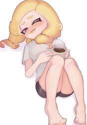  bike_shorts blonde_hair blush breasts coffee_mug commentary_request cup d_msy8 drill_hair female full_body furrowed_brow highres holding holding_cup large_breasts lying medium_hair mug octoling octoling_girl octoling_player_character on_back open_mouth red_eyes shirt simple_background solo splatoon_(series) splatoon_3 steam tentacle_hair white_background white_shirt 