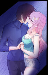  1boy absurdres blush breasts brown_hair female french_kiss gundam gundam_seed gundam_seed_freedom hair_ornament highres holding holding_hands kira_yamato kissing lacus_clyne long_hair midriff open_mouth pants pink_hair purple_eyes saliva saliva_trail shirt short_hair shorts sleeveless soshiki straight tongue tongue_out very_long_hair 