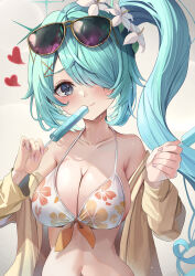  aqua_hair bikini blue_archive blue_eyes blush breasts cleavage closed_mouth commentary_request dual_wielding eyewear_on_head female fingernails floral_print_bikini flower food front-tie_bikini_top front-tie_top green_halo hair_flower hair_ornament hair_over_one_eye halo halterneck heart highres hiyori_(blue_archive) hiyori_(swimsuit)_(blue_archive) holding holding_food holding_popsicle jacket large_breasts long_fingernails long_hair long_sleeves looking_at_viewer nail_polish navel off_shoulder official_alternate_costume one_eye_covered open_clothes open_jacket pink_nails popsicle side_ponytail simple_background smile solo suidou_chaahan sunglasses swimsuit upper_body very_long_hair white_background white_bikini white_flower x_hair_ornament yellow-framed_eyewear yellow_jacket 