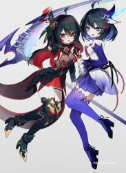  2girls ahoge black_dress black_hair black_thighhighs blue_eyes blue_footwear blue_hair blue_thighhighs braised_cutlass dress dual_persona full_body highres holding holding_scythe honkai_(series) honkai_impact_3rd long_hair looking_at_viewer multiple_girls red_eyes red_hair scythe seele_(alter_ego) seele_vollerei seele_vollerei_(starchasm_nyx) seele_vollerei_(stygian_nymph) shoes simple_background thighhighs white_background 