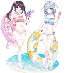  2girls ;q absurdres bikini black_hair blue_bikini blue_bow blue_eyes blue_hair blue_nails bow bow_bikini breasts closed_mouth colored_inner_hair food frilled_bikini frills full_body gradient_hair grey_hair hair_ornament hairbow hairclip highres holding holding_food holding_ice_cream holding_swim_ring ice_cream innertube kaga_nazuna kaga_sumire long_hair looking_at_viewer mole mole_under_eye multicolored_hair multiple_girls nail_polish navel one_eye_closed pink_bikini pink_bow pink_hair pink_nails plaid_bikini plaid_clothes sandals short_hair siblings sisters small_breasts smile standing standing_on_one_leg stomach swept_bangs swim_ring swimsuit toenail_polish toenails tongue tongue_out twintails two-tone_hair two_side_up v-shaped_eyebrows virtual_youtuber vspo! white_bikini x_hair_ornament ysnhryk 